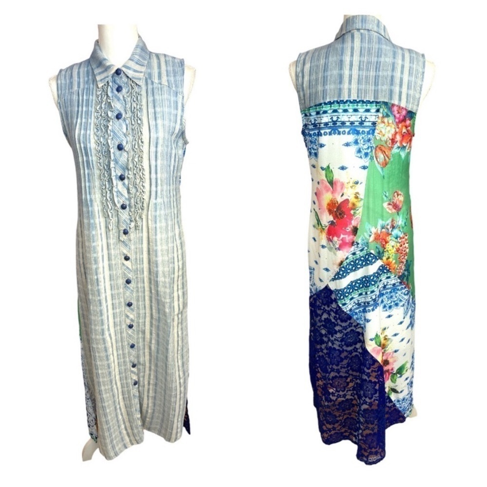 Soft Surroundings Blue & Green Floral-Panel Sleeveless Maxi Dress